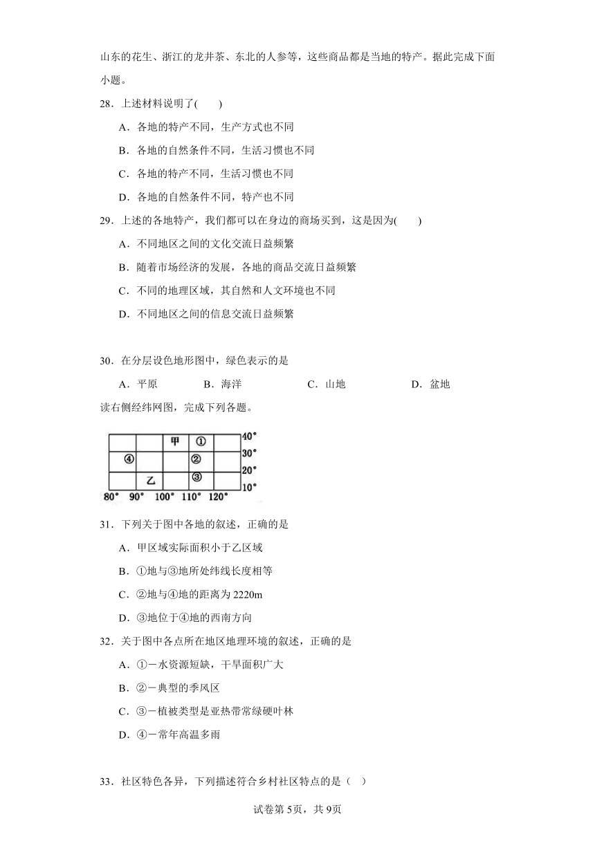 第一单元 人在社会中生活选择题 专题训练（含答案）2023-2024学年浙江省人教版人文地理七年级上册