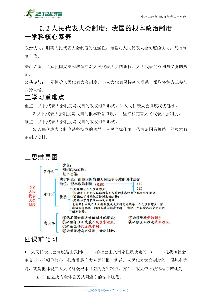 【核心素养目标】5.2人民代表大会制度：我国的根本政治制度  学案