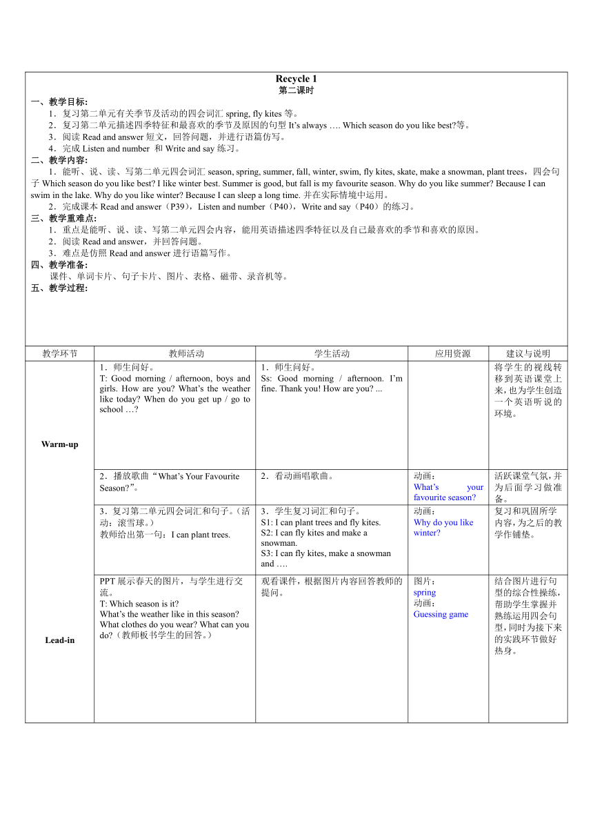 人教版(PEP)五年级英语下册-Recycle 1 表格式教案