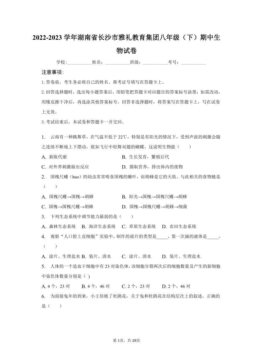 2022-2023学年湖南省长沙市雅礼教育集团八年级（下）期中生物试卷（含解析）