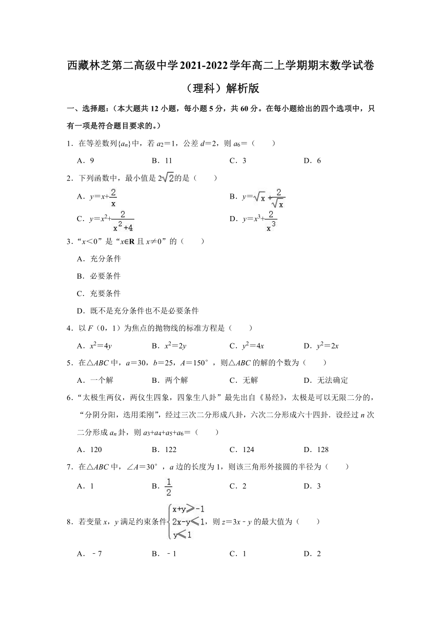 西藏林芝第二高级中学2021-2022学年高二上学期期末数学试卷（理科）（解析版）