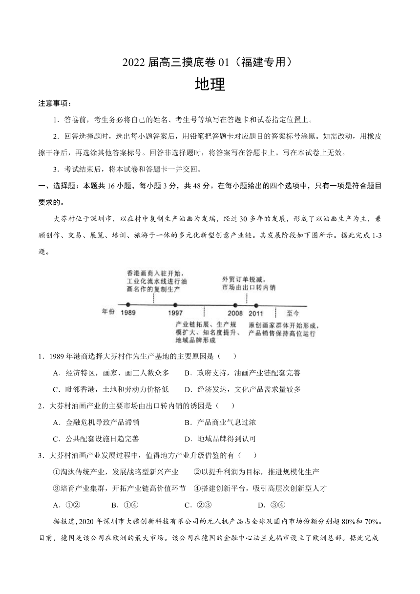 2022届高三上学期7月摸底卷地理试题01（福建专用） Word版含答案