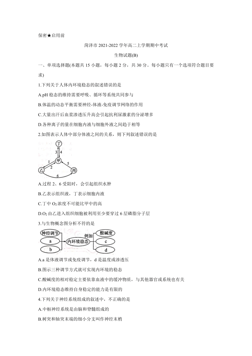 山东省菏泽市2021-2022学年高二上学期期中考试（B）生物试题（Word版含答案）