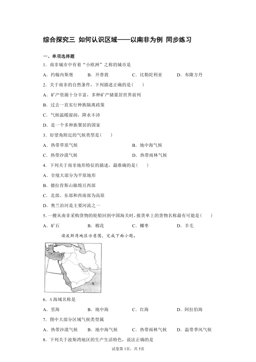 综合探究三 如何认识区域——以南非为例 同步练习（含答案）