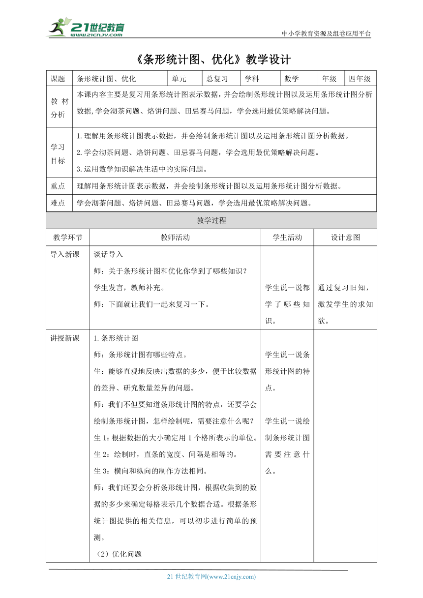 人教版 数学四年级上册9.5《条形统计图、优化》教案（表格式）