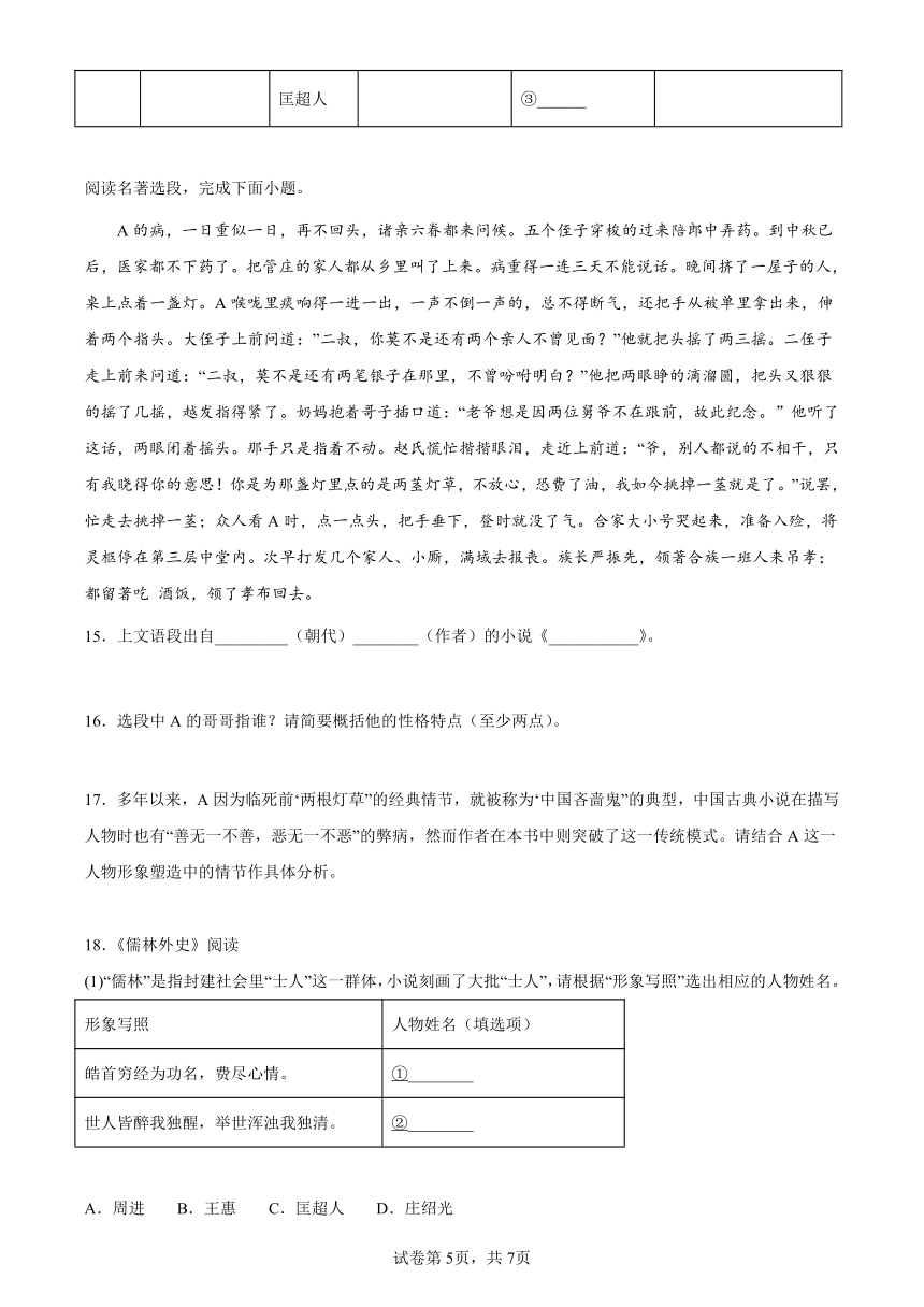 2022年中考语文一轮复习：名著导读《儒林外史》练习题（含答案）