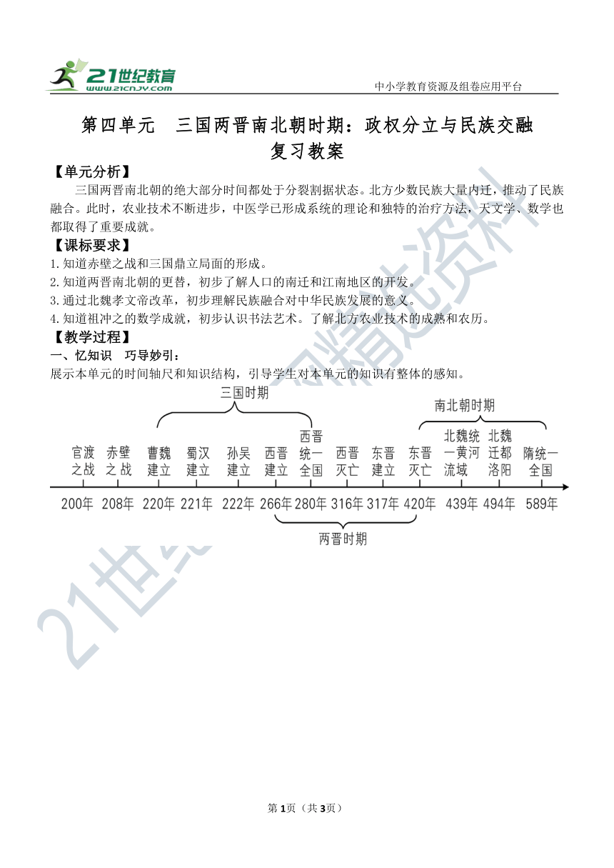 第四单元  三国两晋南北朝时期：政权分立与民族交融 教案