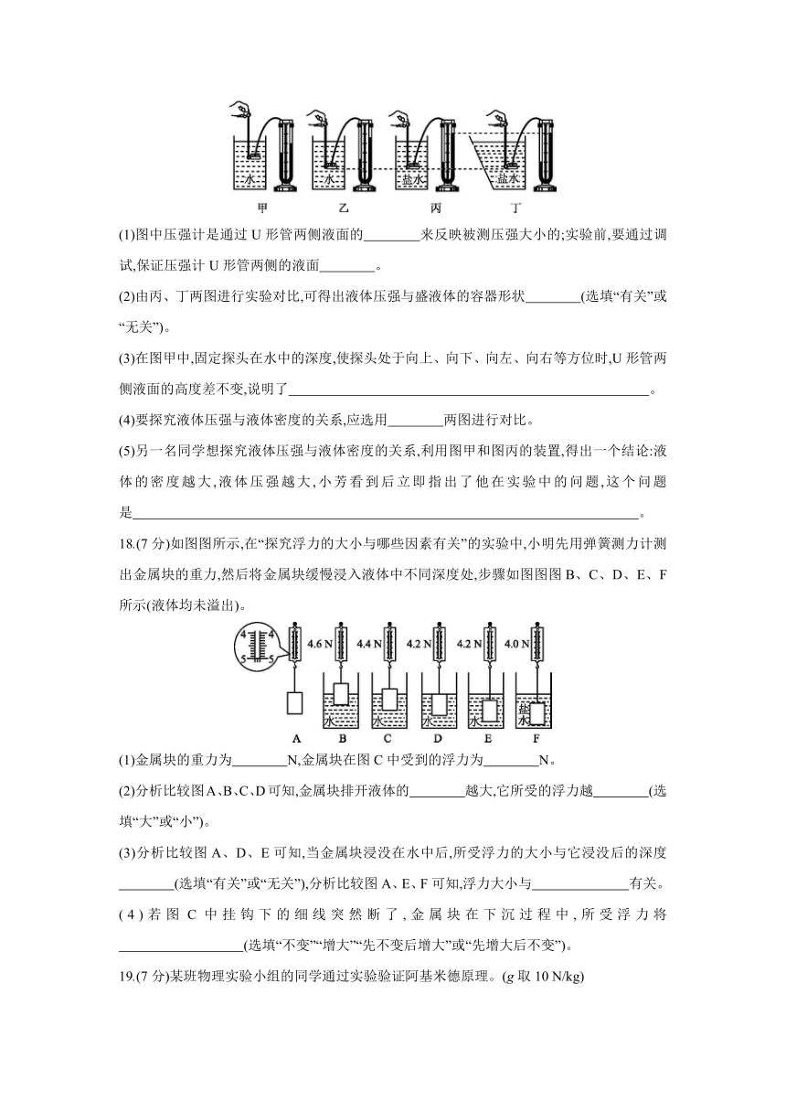 北师大版物理八年级下册课课练：第八章  压强与浮力  单元综合测试（含答案）