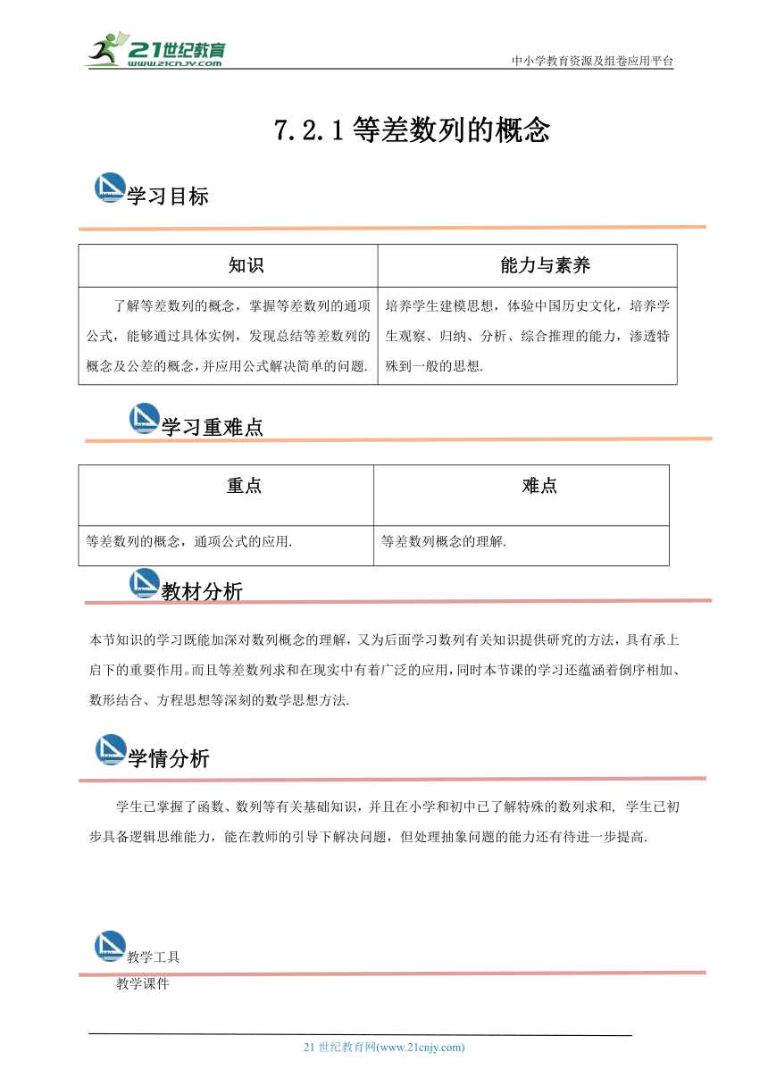 高教版中职数学拓展模块一下册：7.2.1 等差数列的概念（教案）