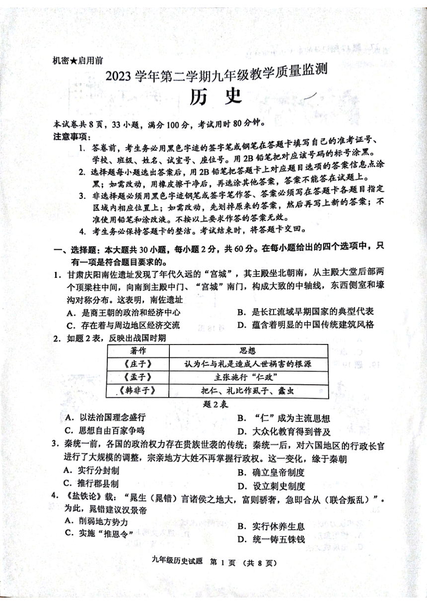 2024年4月广东省历史模拟考试卷(扫描版无答案)
