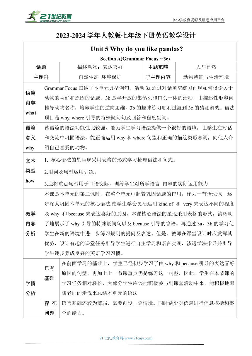 【新课标】Unit 5 Why do you like pandas？Section A Grammar Focus～3c 教学设计 2023-2024人教版英语七年级下册