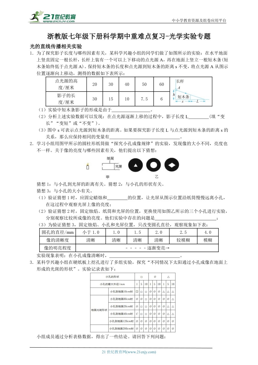 浙教版七年级下册科学期中重难点复习-光学实验专题（含答案）