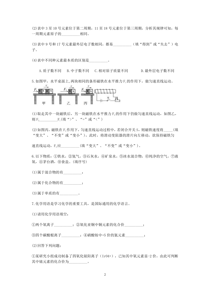 浙教版八年级科学2022-2023学年下学期“期中冲刺”分类题型训练（十二）：填空题（2）【word，含答案】