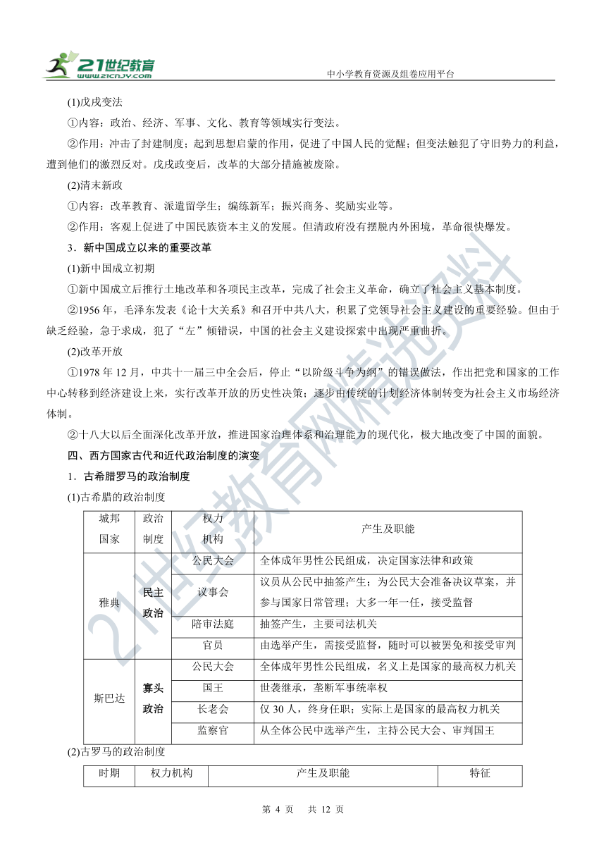 第30讲 政治制度 学案—2022年高考历史主干梳理及考点汇编（统编新教材）