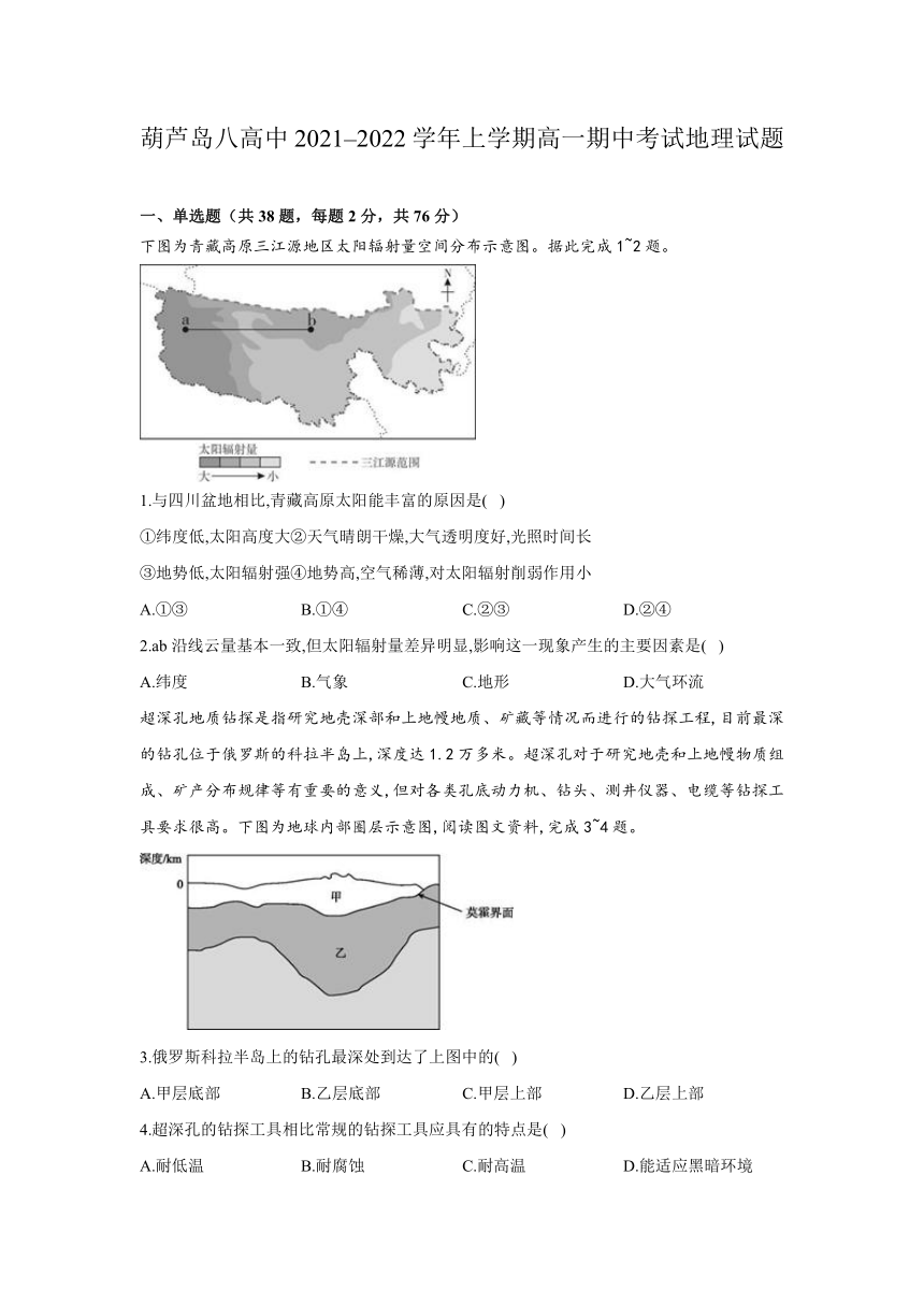 辽宁省葫芦岛八高中2021-2022学年高一上学期期中考试地理试卷（Word版含答案）