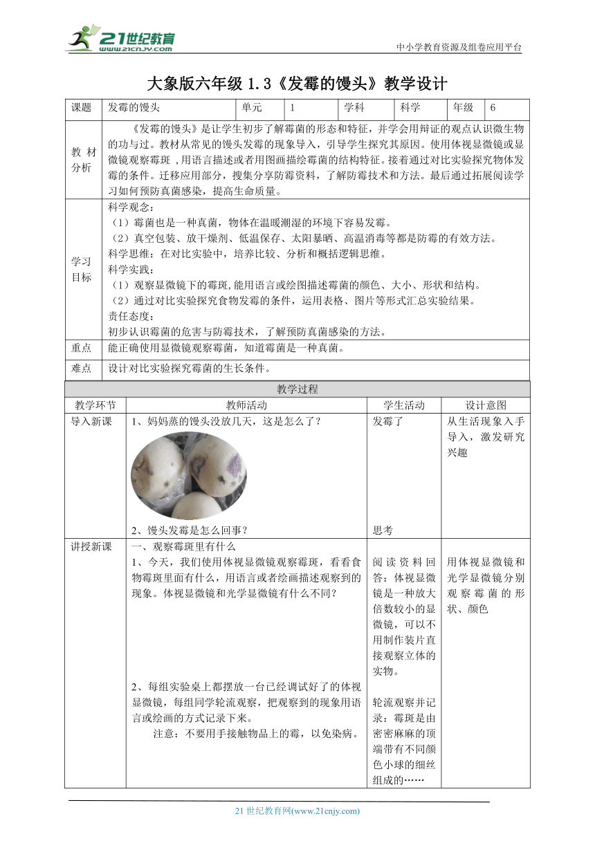 【核心素养目标】1.3《发霉的馒头》教案