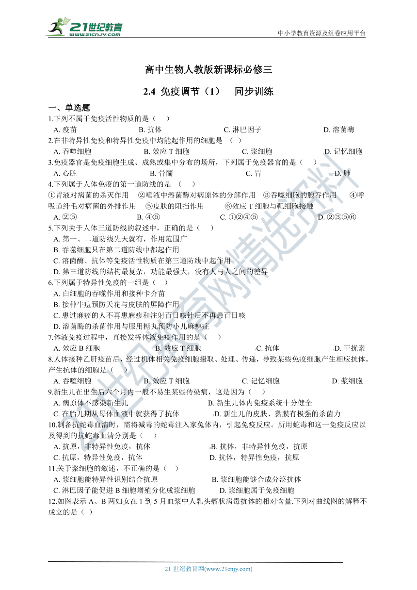 2.4 免疫调节（第一课时）  同步训练（含解析）