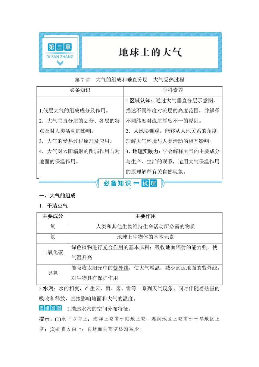 2023届高三地理一轮复习学案 第7讲　大气的组成和垂直分层　大气受热过程