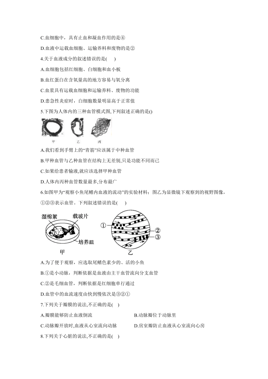 2020-2021学年七年级下册生物冀教版单元测试AB卷 第二单元第二章 爱护心脏 确保运输 B卷（word版含解析）