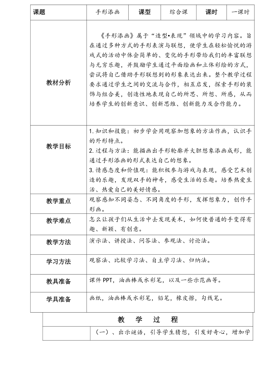 一年级下册美术教案-第9课 手形添画赣美版