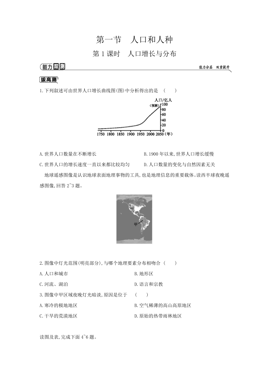 中图版（北京）地理八年级上册同步练习：3.1 人口和人种  第1课时人口增长与分布（Word版含答案）