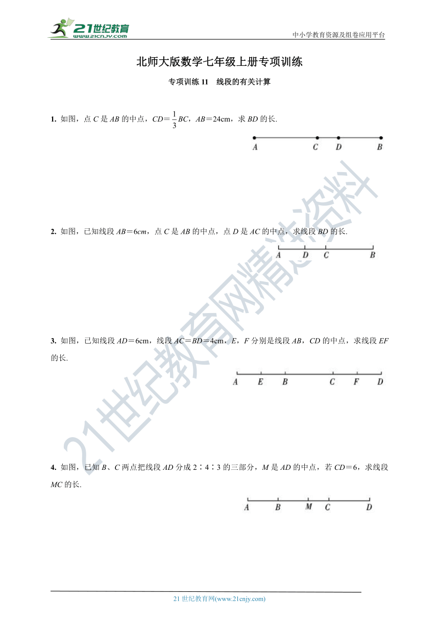 北师大版数学七年级上册专项训练11  线段的有关计算(含答案)