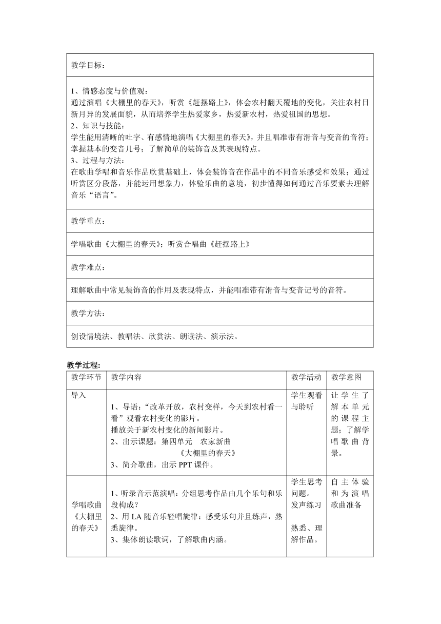 沪教版七年级音乐上册 第4单元《唱歌 《大棚里的春天》》教学设计