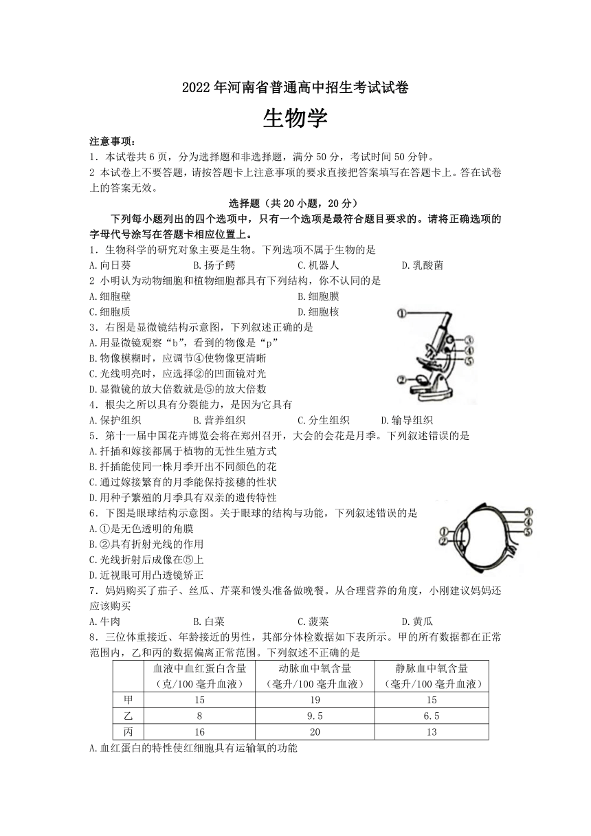 2022年河南省普通高中招生考试生物试卷（Word版含答案）