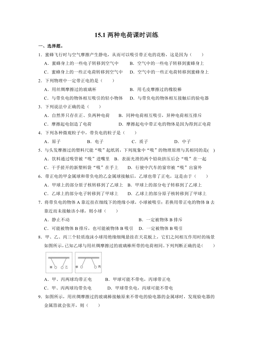 15.1两种电荷课时训练  2021-2022学年人教版九年级物理（含答案）