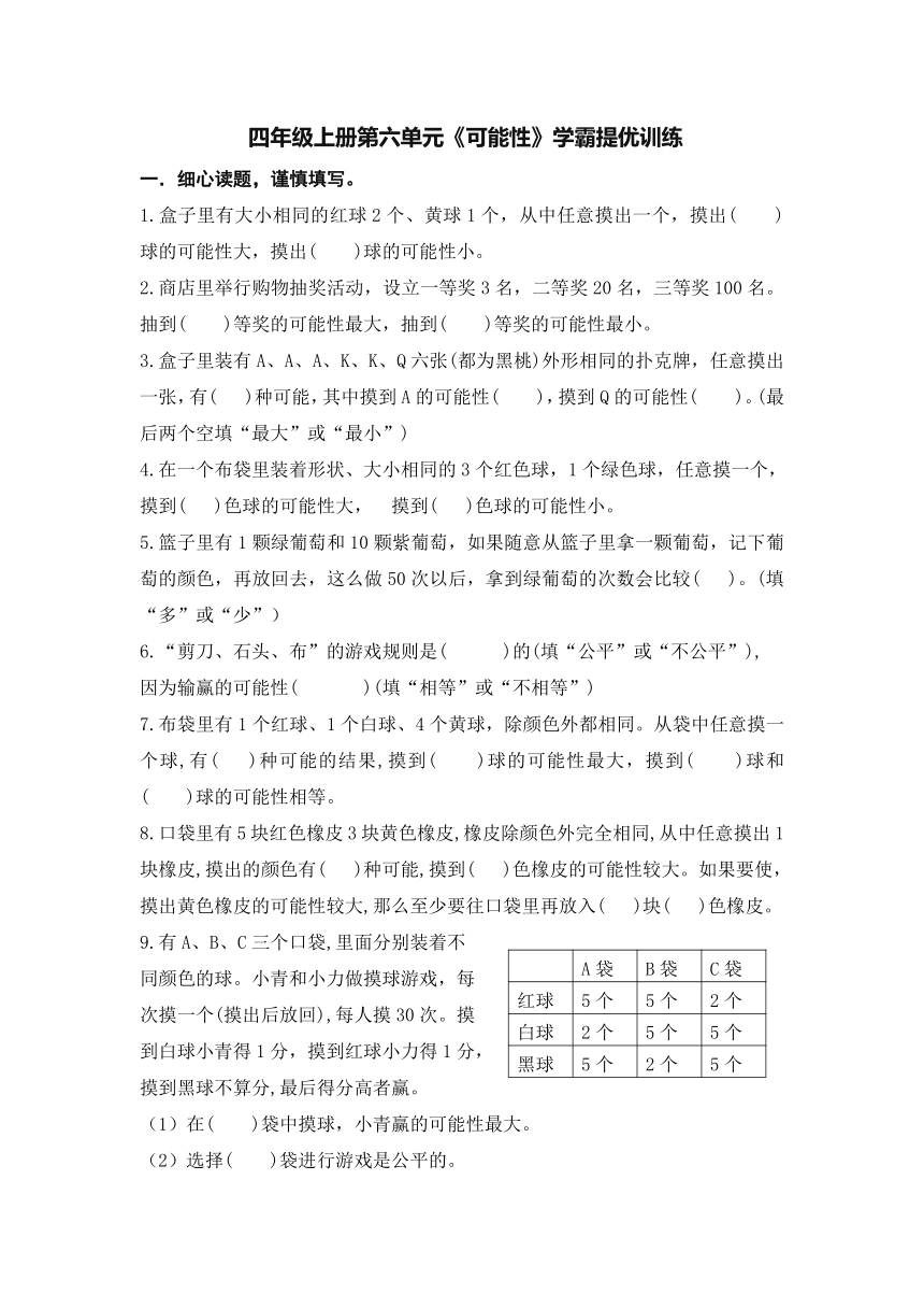 （学霸自主提优拔尖）苏教版四年级数学上册第六单元《可能性》（知识点、常考题、易错题、拓展题）名师详解与训练（含答案）