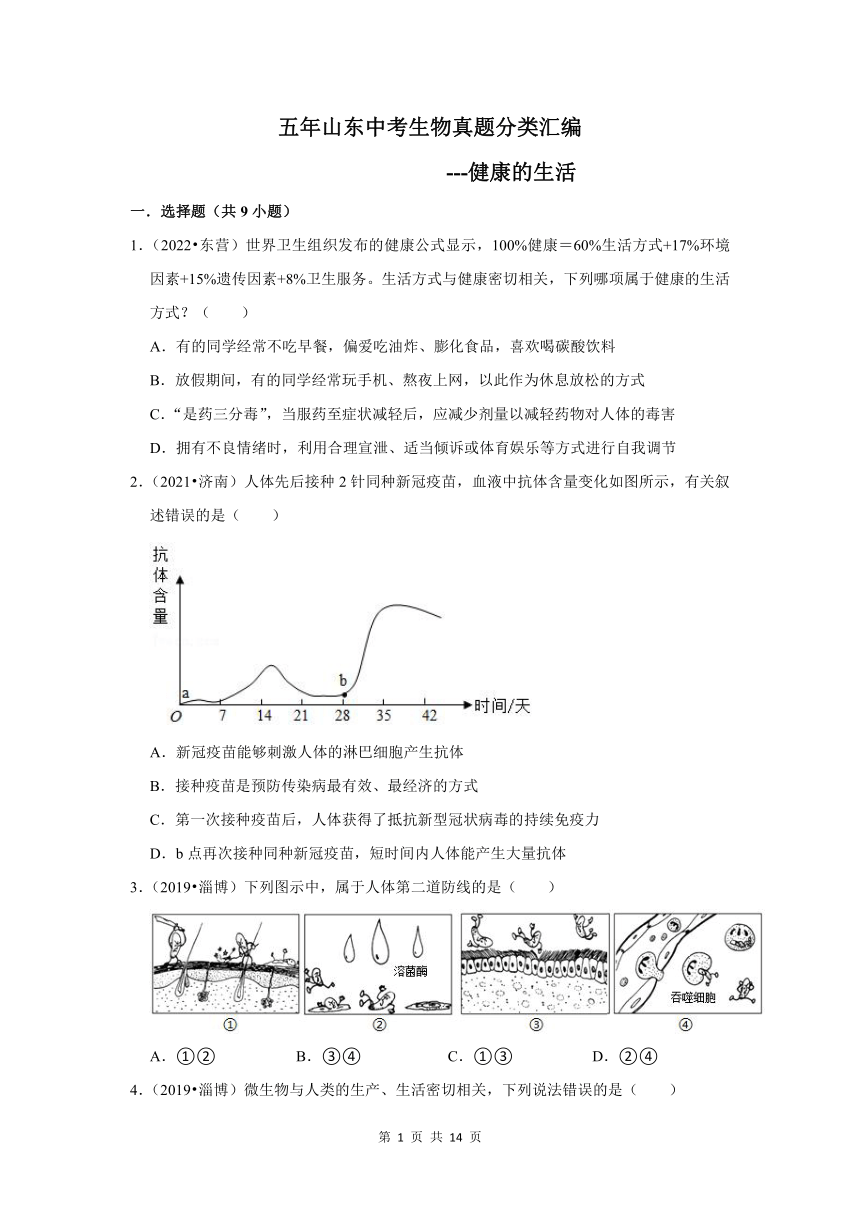 五年山东中考生物真题分类汇编---健康的生活（含解析）