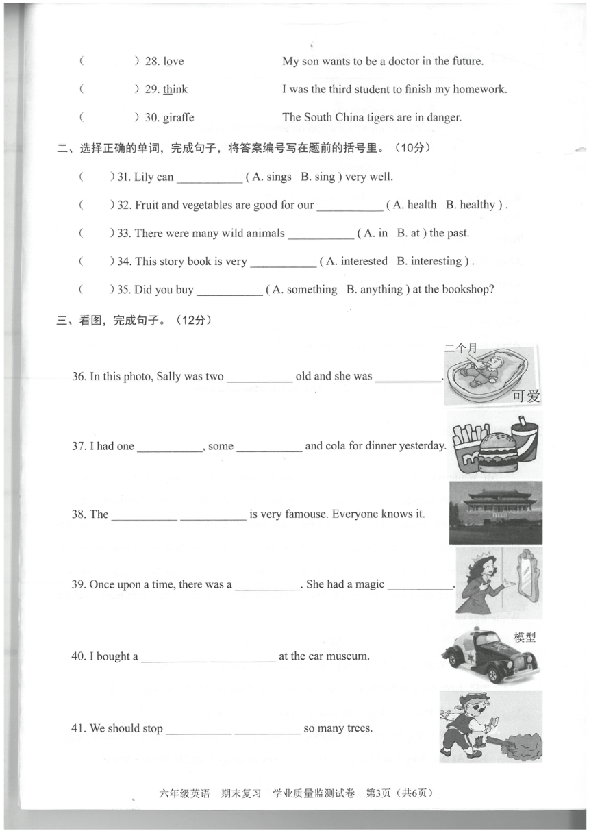 广东深圳龙华区2020-2021学年六年级英语上册期末考前复习试卷（PDF扫描版，无答案，无听力原文及音频）