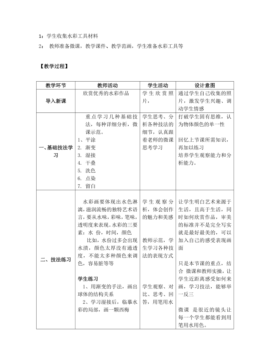 高中美术人美版（2019）选择性必修1 绘画2.1 认识多面绘画——绘画的工具与材料（水彩的基础技法）教学设计