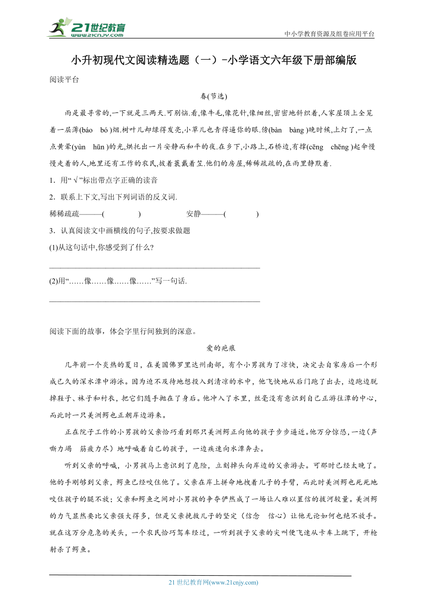 部编版小学语文六年级下册小升初现代文阅读精选题（一）（含答案）