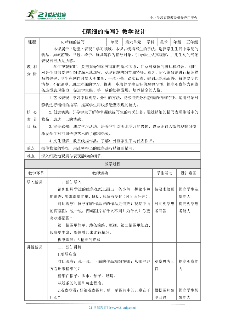 6.新课标 人美版美术五年级下册第六课 精细的描写 教案