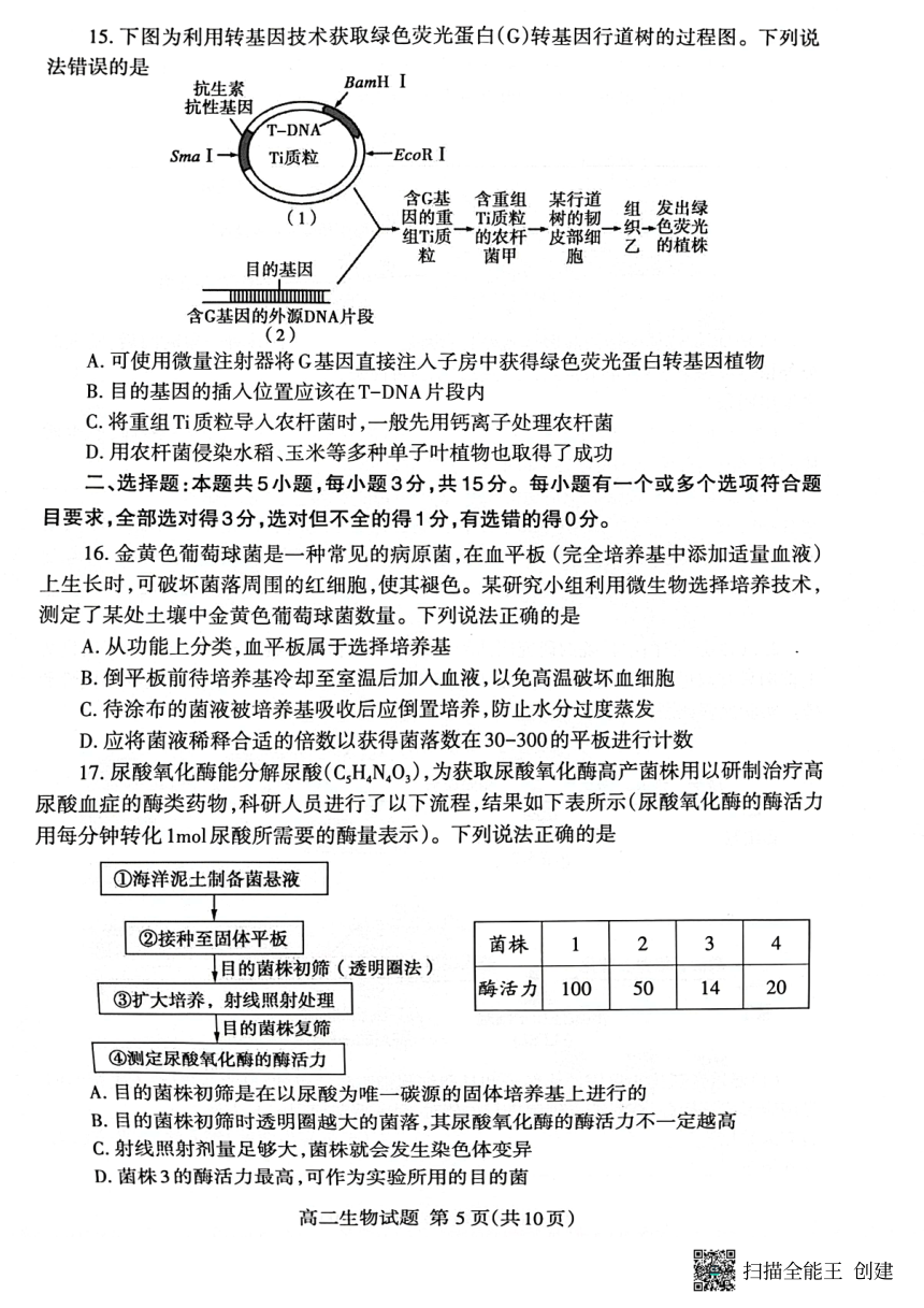 山东省泰安市2022-2023学年高二下学期4月期中生物试题（PDF版无答案）