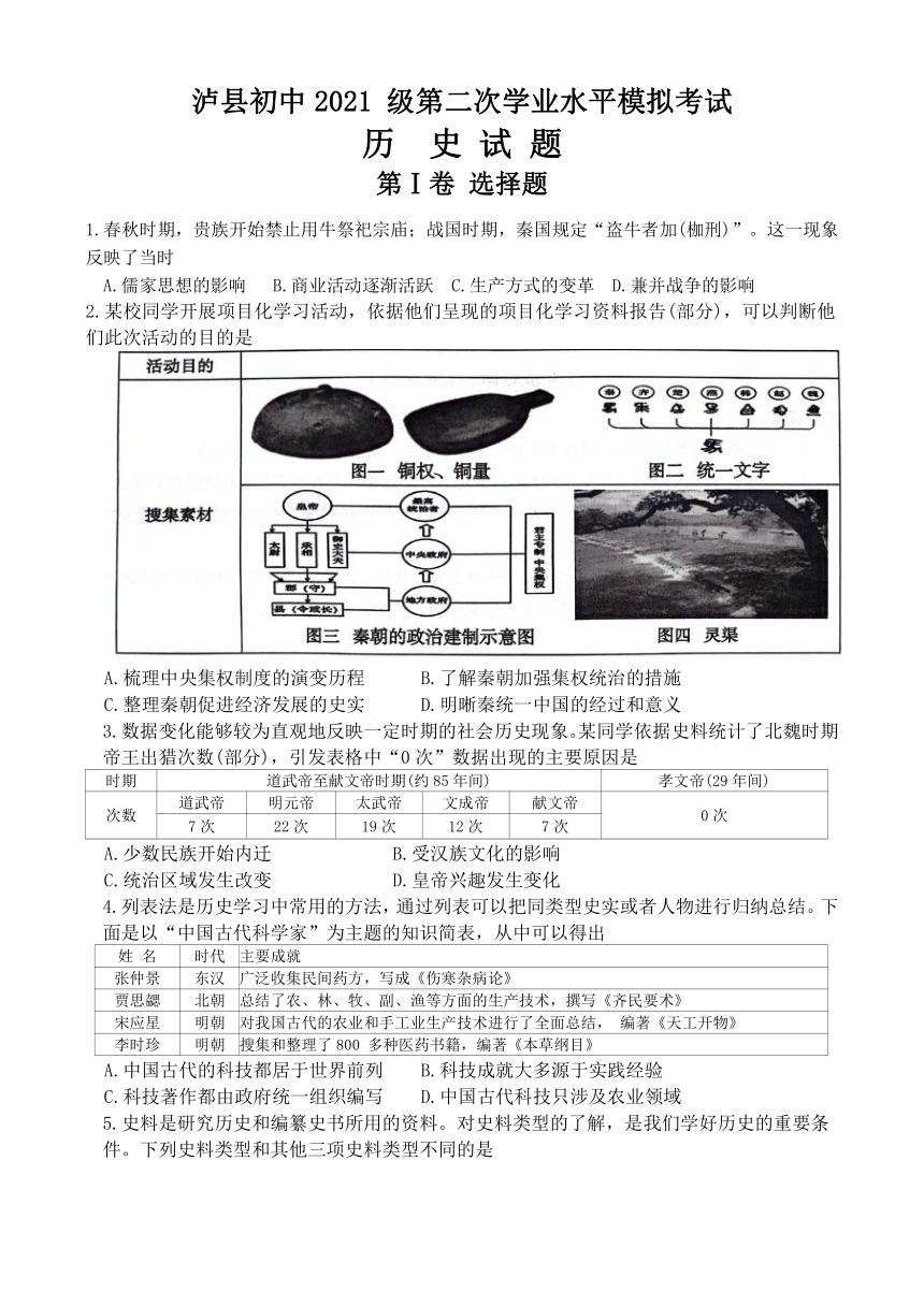 2024年四川省泸州市泸县九年级中考二模历史试题(无答案)