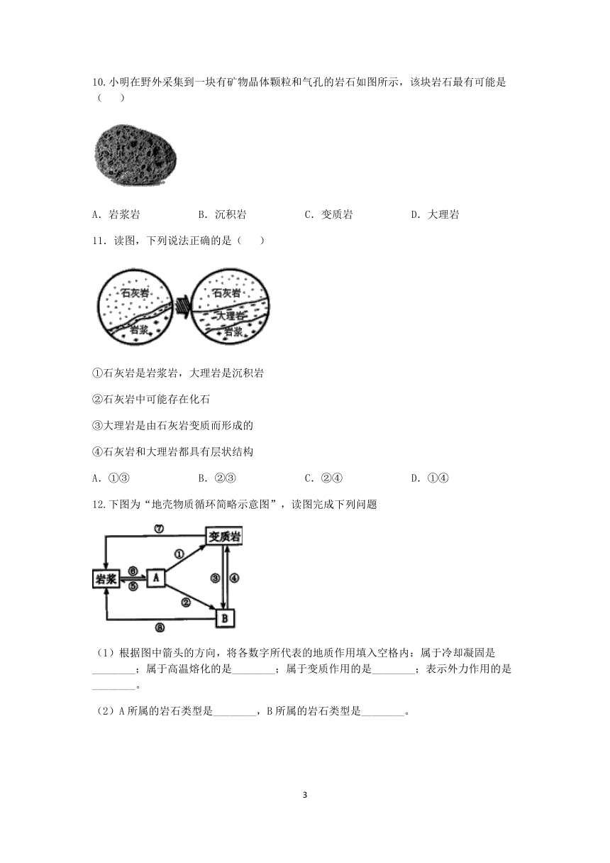 浙教版科学2022-2023学年上学期七年级“一课一练”：3.3组成地壳的岩石【word，含答案】