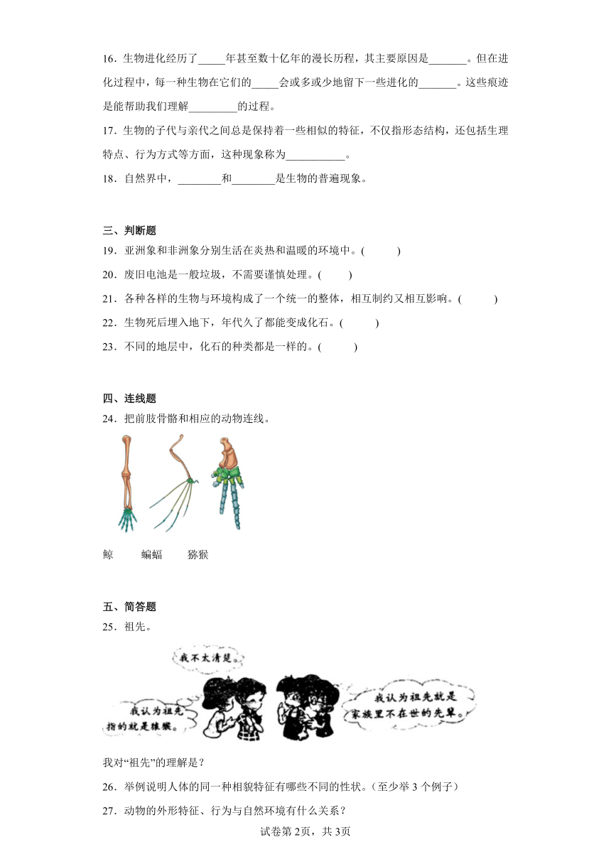 粤教版六年级上册科学第四单元遗传与进化单元测试题