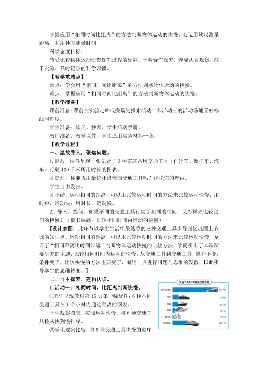 教科版（2017秋）三年级下册1.6《比较相同时间内运动的快慢》教学设计