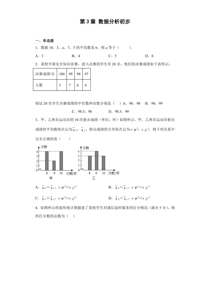 2022-2023学年浙教版八年级数学下册第三章数据分析初步单元测试（附简单答案）