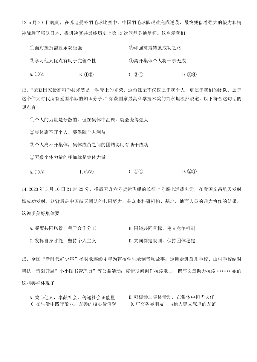 广东省茂名市电白区2022-2023学年七年级下学期期末考试道德与法治试题(含答案）