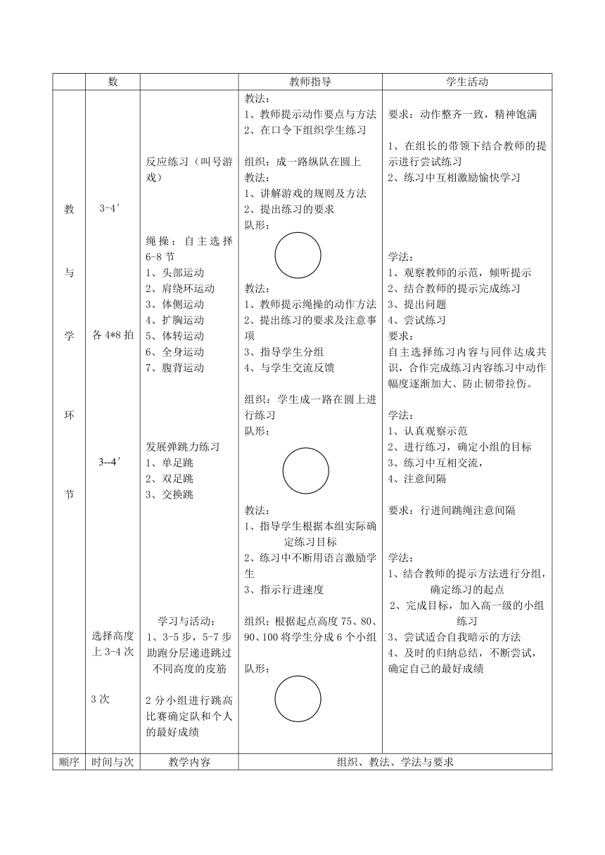 人教版八年级体育 2.2跳高(跨越式)  教案（表格式）