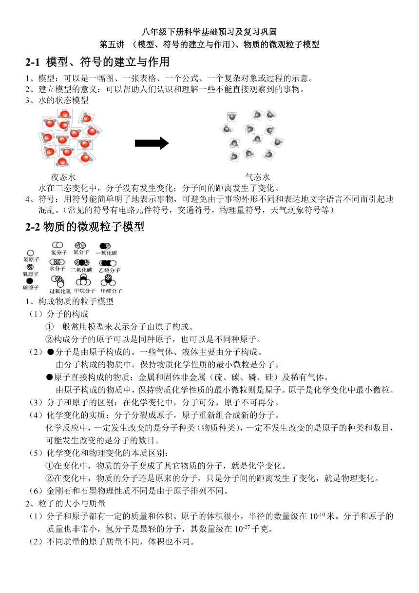 浙教版科学八下 基础预习及复习巩固讲义 第五讲 （模型、符号的建立与作用）、物质的微观粒子模型（含解析）