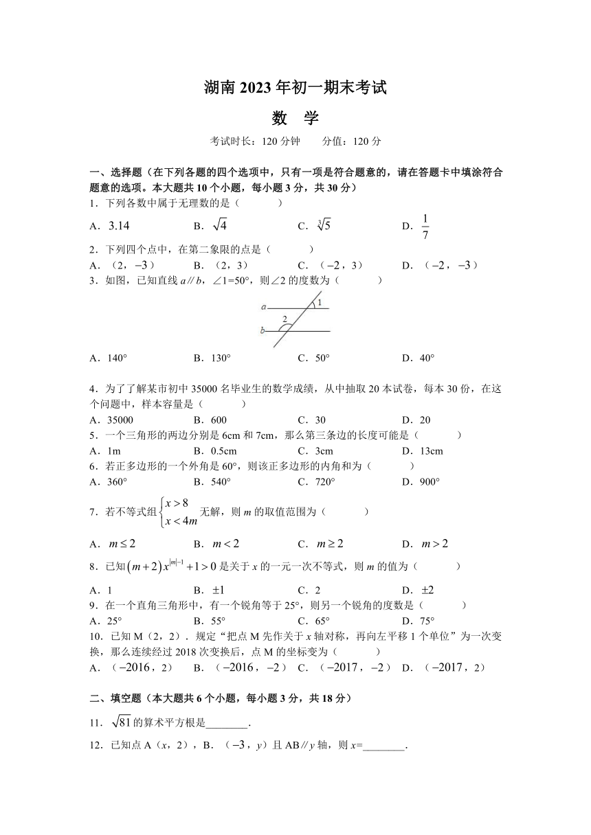 湖南省长沙市2022-2023学年七年级下学期期末考试数学试题(无答案)