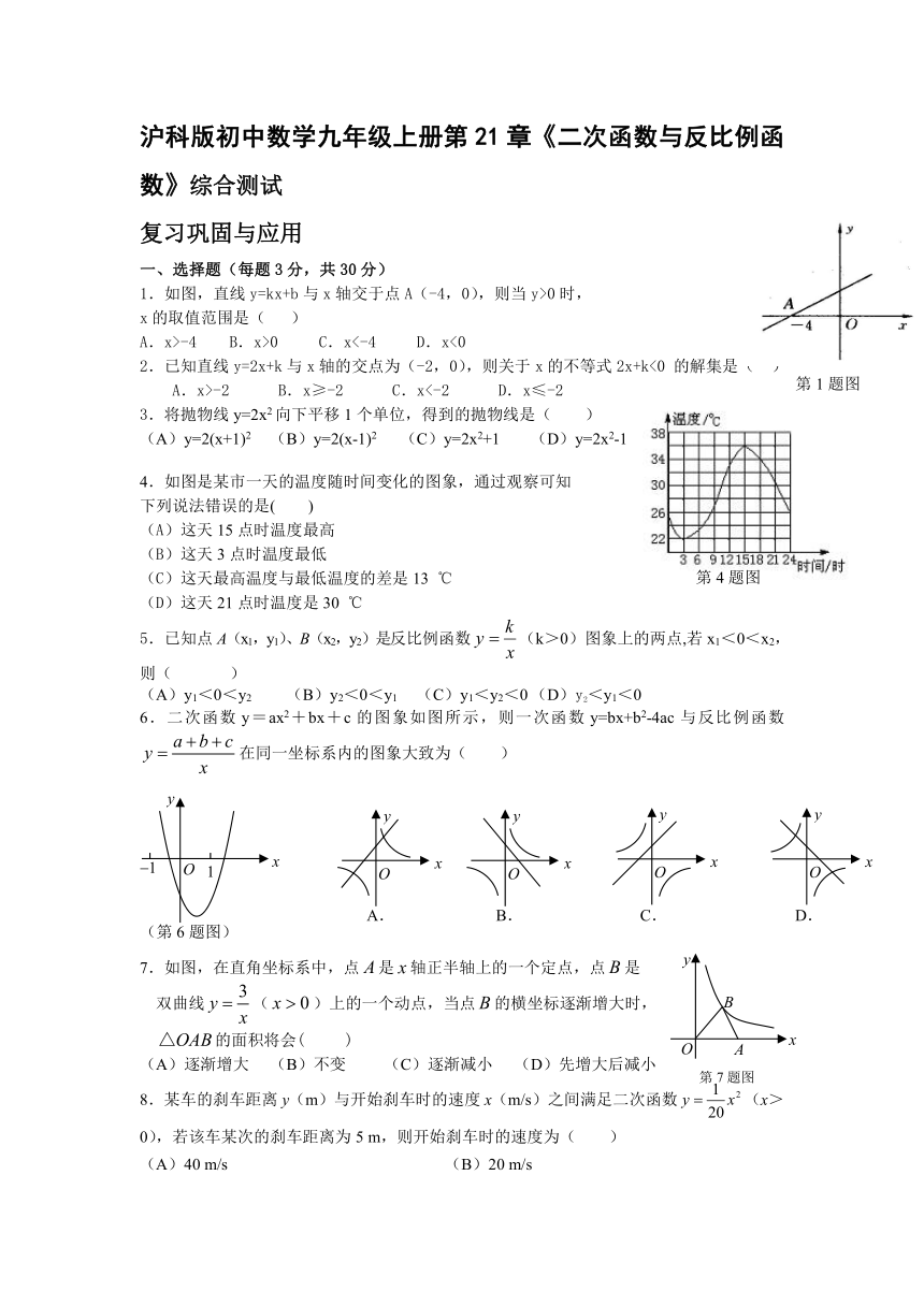 沪科版初中数学九年级上册第21章《二次函数与反比例函数》综合测试（Word版 含答案）