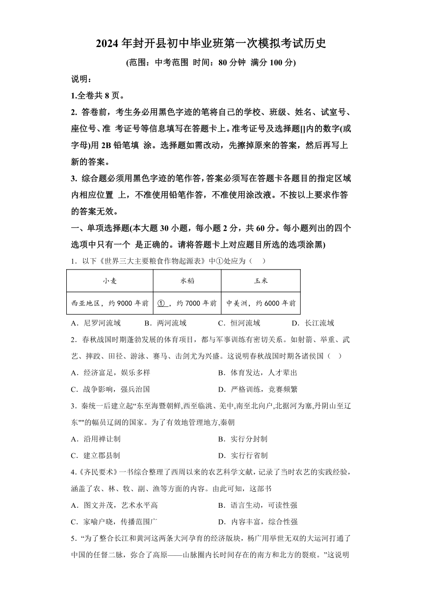 2024年广东省肇庆市封开县中考一模历史试题（含解析）