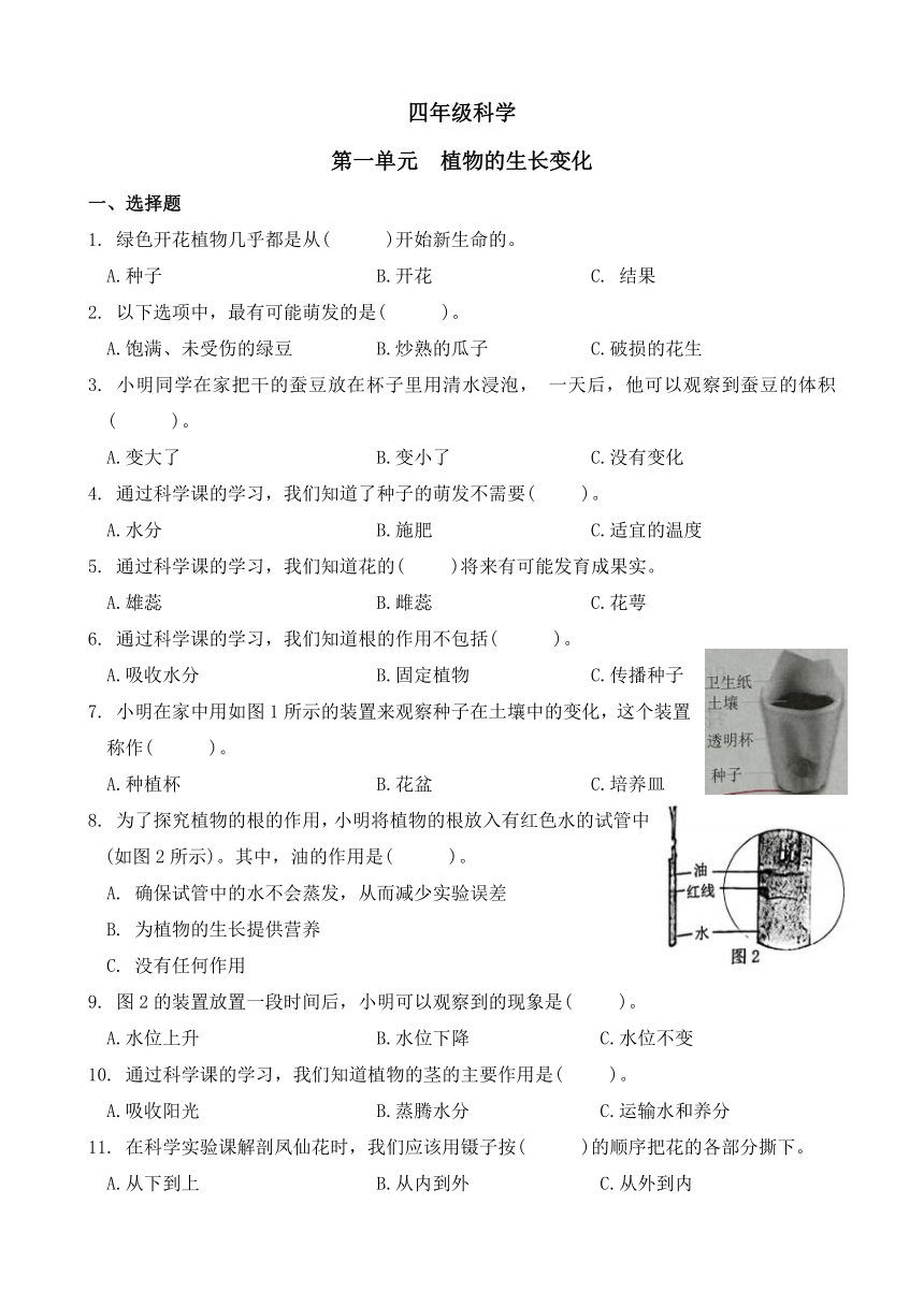 （教科版）四年级下册科学第一单元：植物的生长变化检测（含答案）