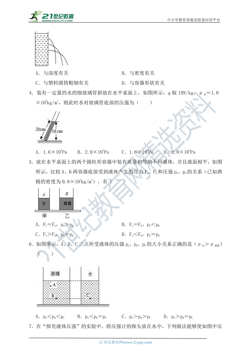 人教版八年级物理下册《9.2 液体的压强》基础训练（含解析）