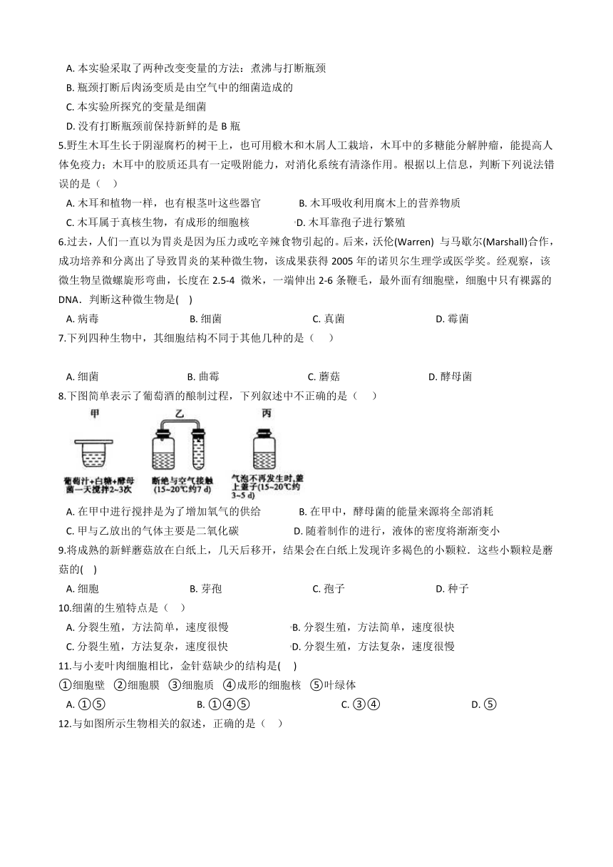 2020-2021学年华东师大版科学七年级下册7.4细菌和真菌的繁殖 同步练习(含解析)